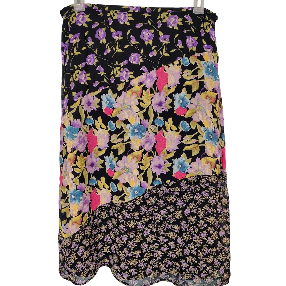 Requirements Petite Mixed Floral Patchwork Midi Skirt Black Purple Blue PM